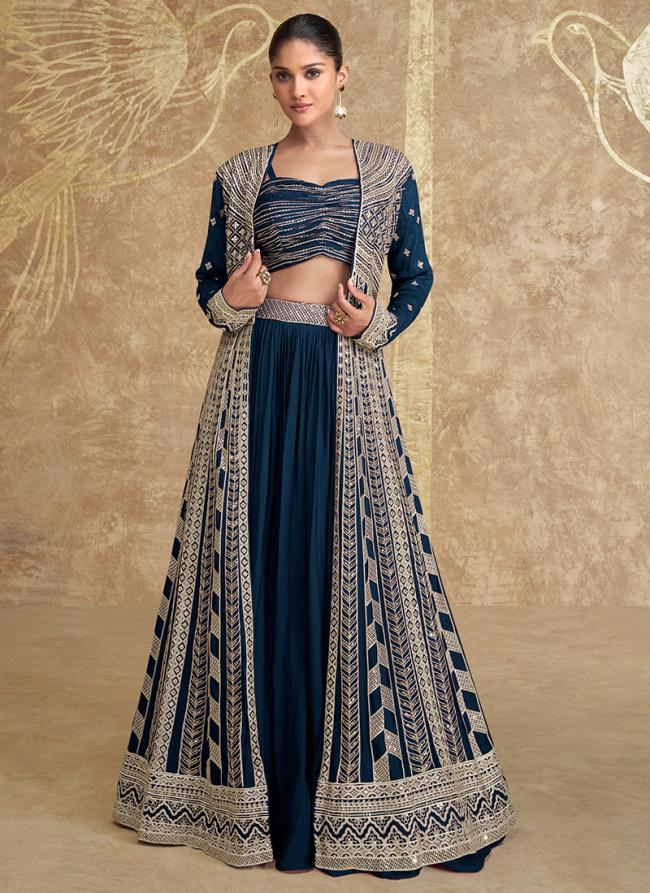 Chinnon Silk Navy Blue Wedding Wear Embroidery Work Readymade Indo Western